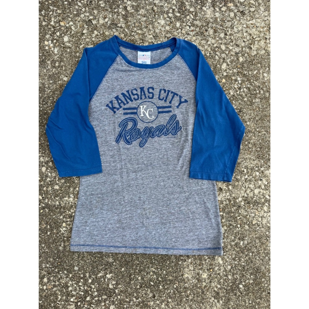 Kansas City Royals Raglan Baseball Tee Blue Gray 3/4 Sleeve MLB Large